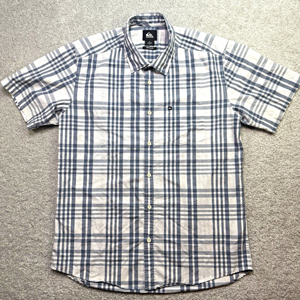 Quiksilver Mens Plaid Short Sleeve Button Down Shirt Gray White Size Large L
